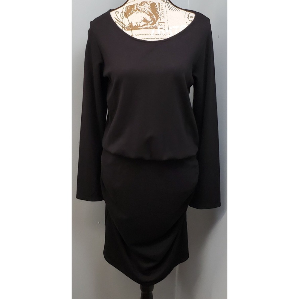Viereck Blouson Dress Womens Large Black Long Sleeve Scoop Neck Elegant Ruched